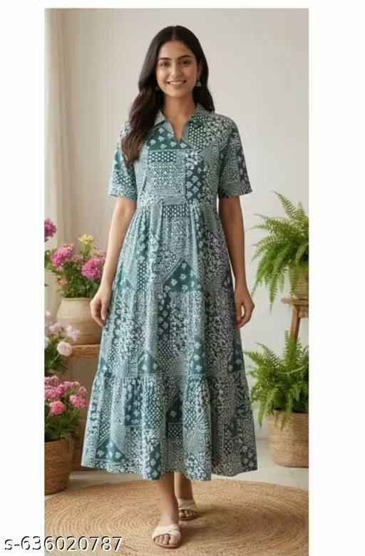 UrbanHeritage Women Teal Green/Blue Printed Cotton Maternity & Nursing Dress