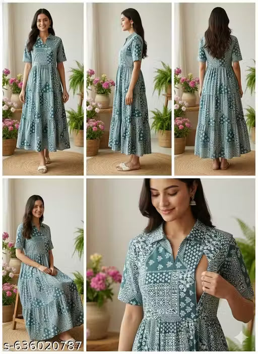UrbanHeritage Women Teal Green/Blue Printed Cotton Maternity & Nursing Dress