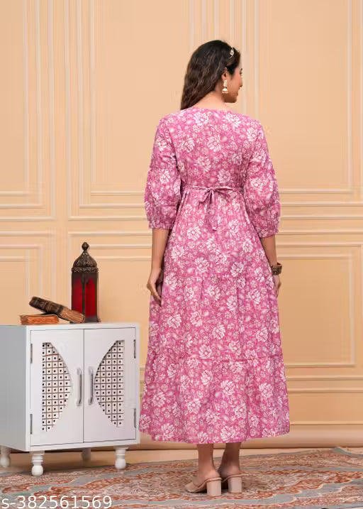Womens Cotton Printed Full Length Puff Sleeve Gown Dress Maternity