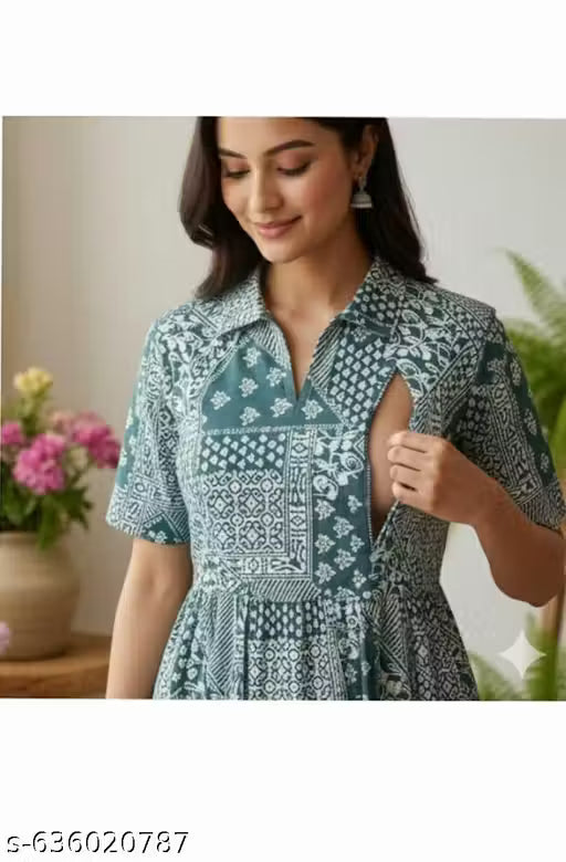 UrbanHeritage Women Teal Green/Blue Printed Cotton Maternity & Nursing Dress