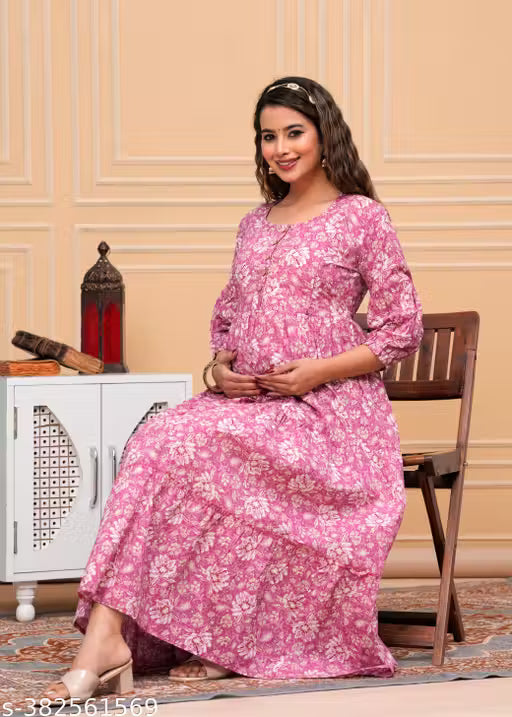Womens Cotton Printed Full Length Puff Sleeve Gown Dress Maternity