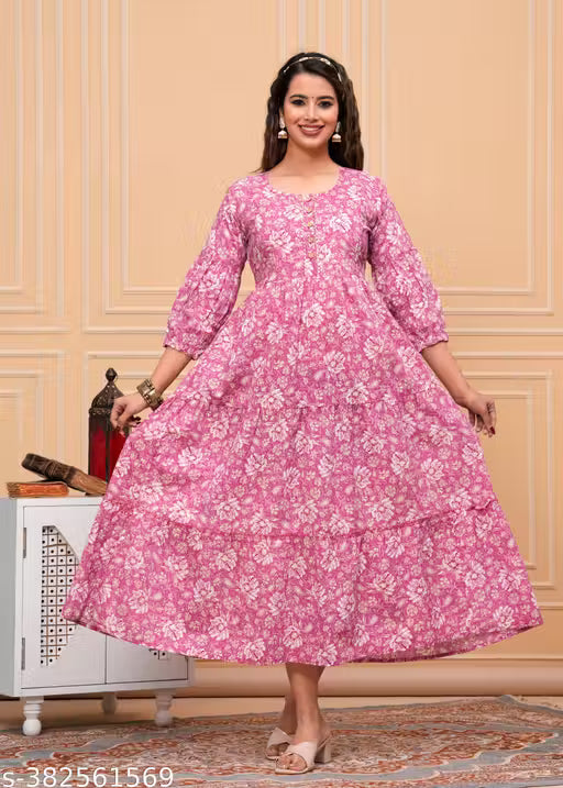 Womens Cotton Printed Full Length Puff Sleeve Gown Dress Maternity