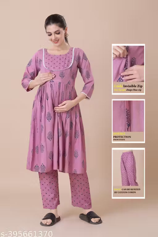 Women's Maternity Dress Feeding Kurti With Zippers