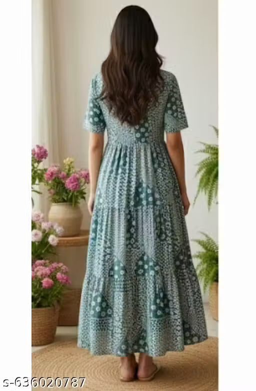UrbanHeritage Women Teal Green/Blue Printed Cotton Maternity & Nursing Dress